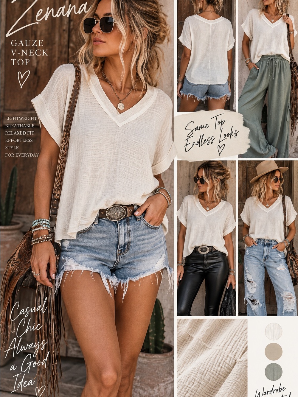 Zenana Outfitters Cream Gauze V-Neck Tunic Top